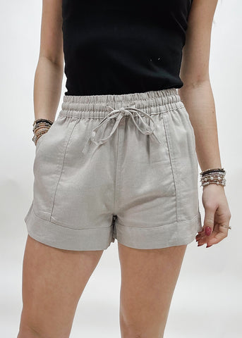 grey shorts with seam details and elastic waistband with a drawstring