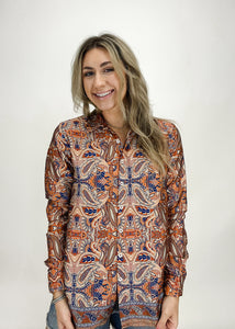 brown and blue paisley print collared button down top