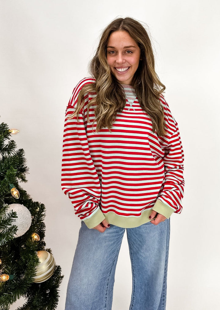 Free People Classic Striped Oversized Crewneck - Cherry Combo