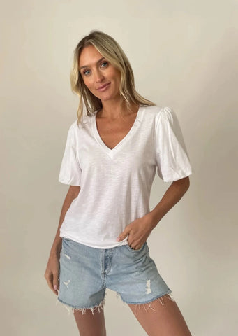 white v neck tee with short bubble sleeves