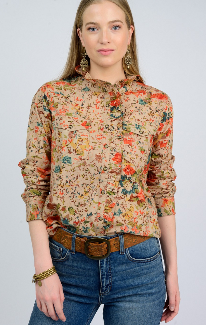 women's tan floral asymmetrical ruffle button down top