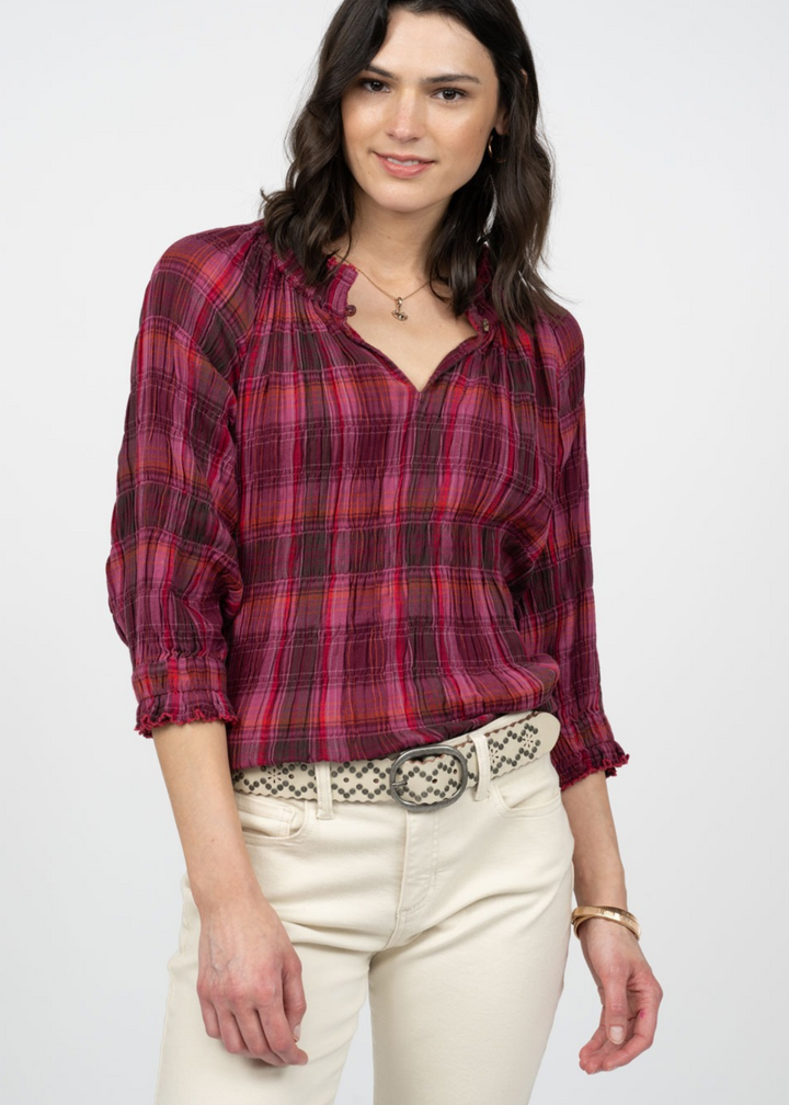 plum burgundy plaid split neck blouse with 3/4 cinched sleeves