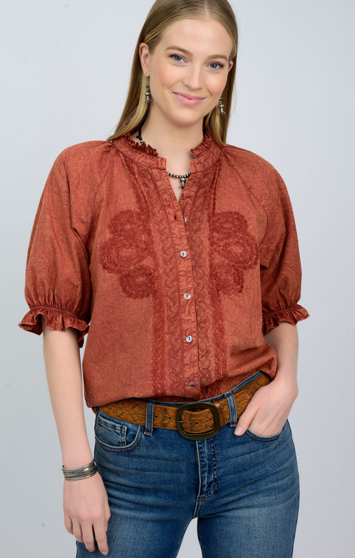 women's rust embroidered puff sleeve button down ruffle collar top