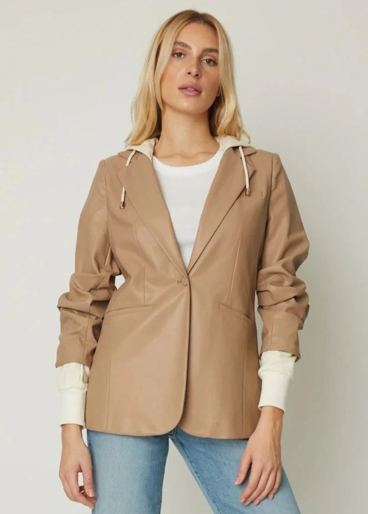 tan faux leather women's blazer with cream hoodie and cuff layer