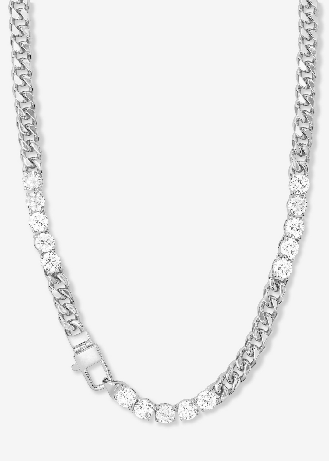 Silver chain necklace with diamonds on a white background