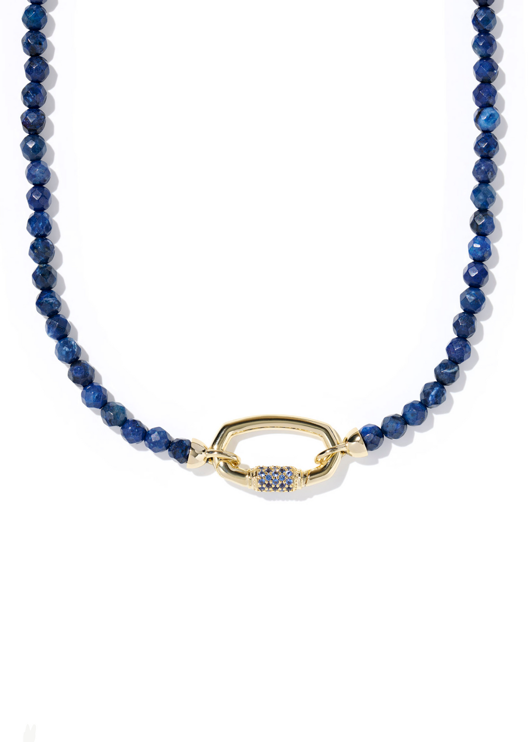 Women's dark blue beaded strand necklace with a gold clasp