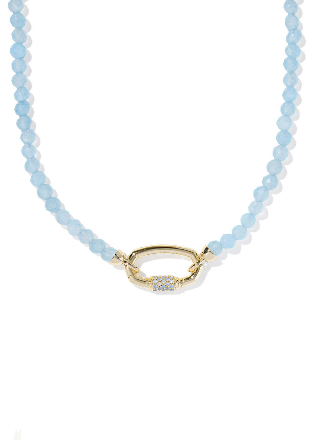 Women's light blue beaded strand necklace with a gold clasp