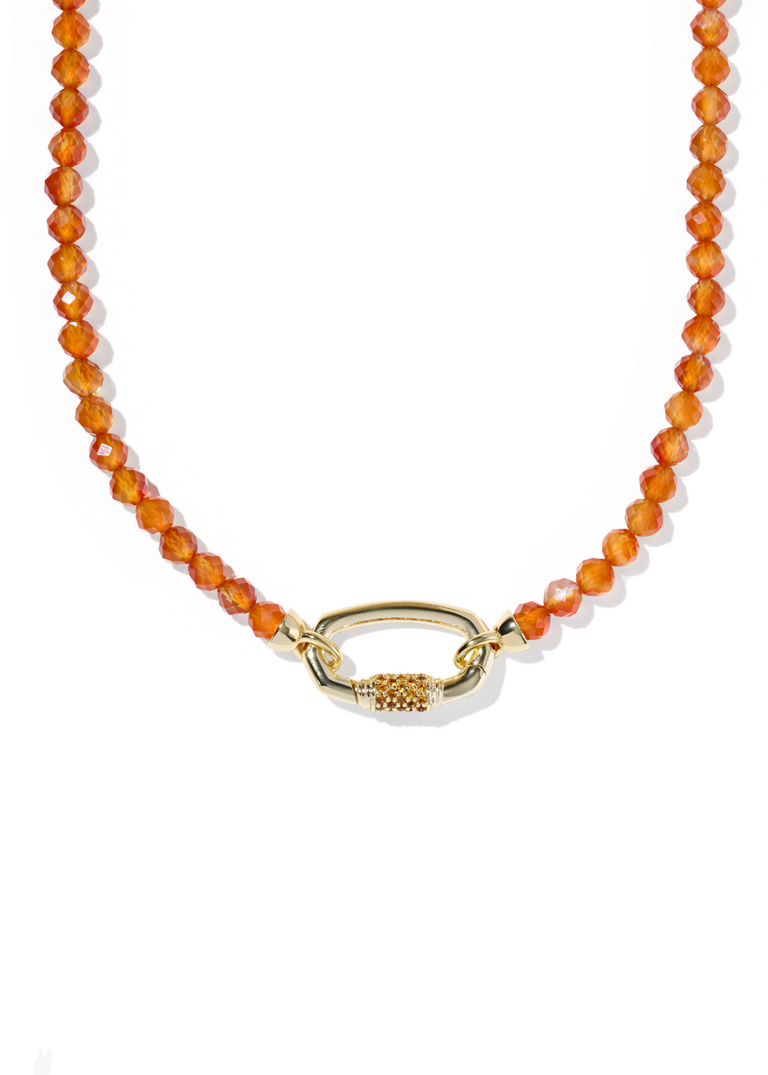 Women's orange beaded strand necklace with a gold clasp