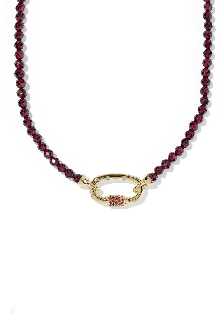 Women's maroon beaded necklace with a gold clasp