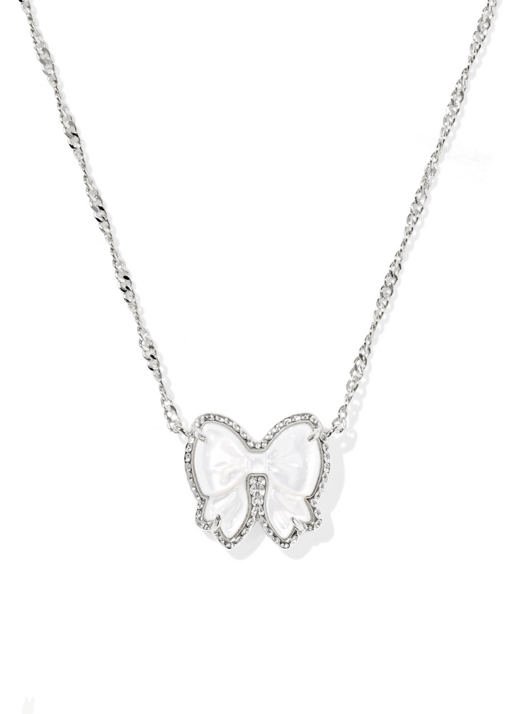 Women's rhodium short pendant necklace with a white bow center