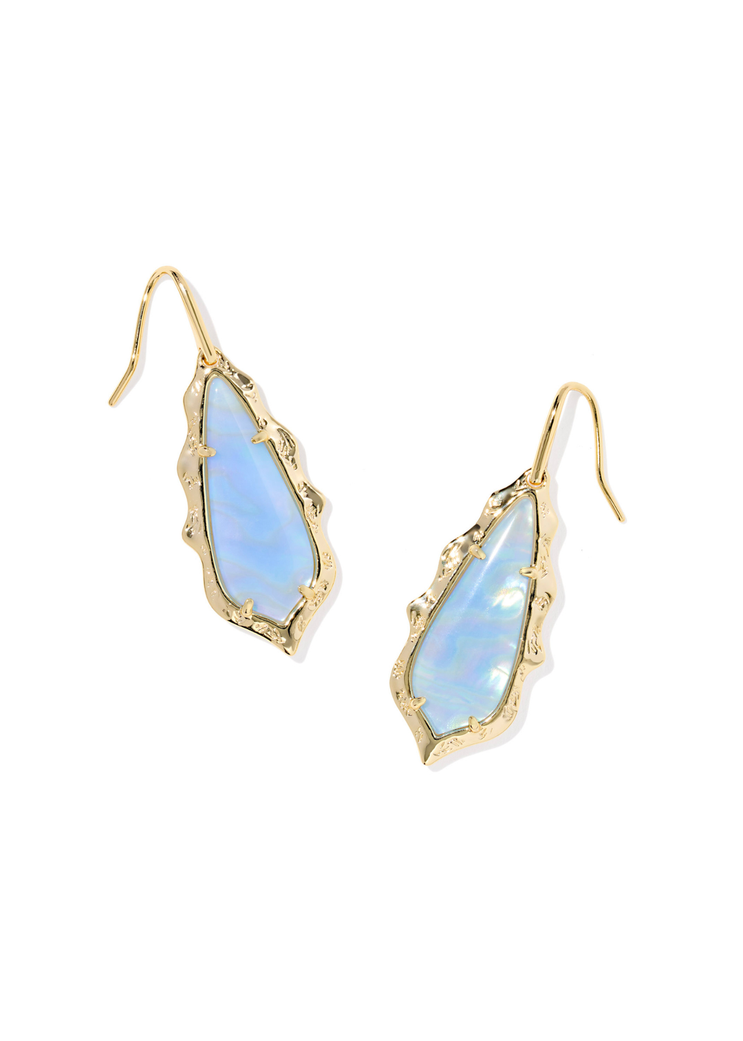 Gold scallop framed earrings with a sky blue iridescent stone