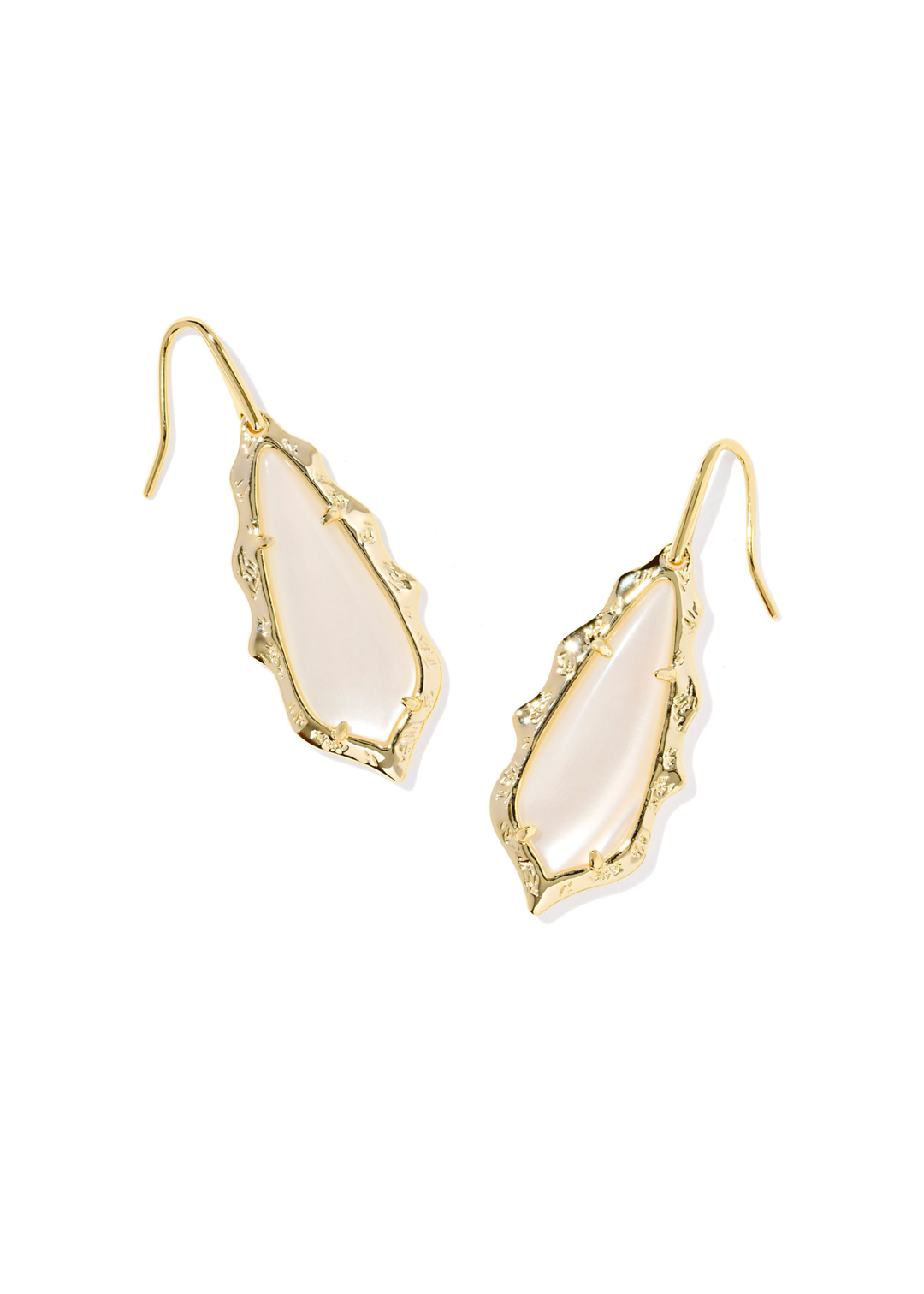 Gold scalloped framed drop earrings with a natural mother of pearl stone