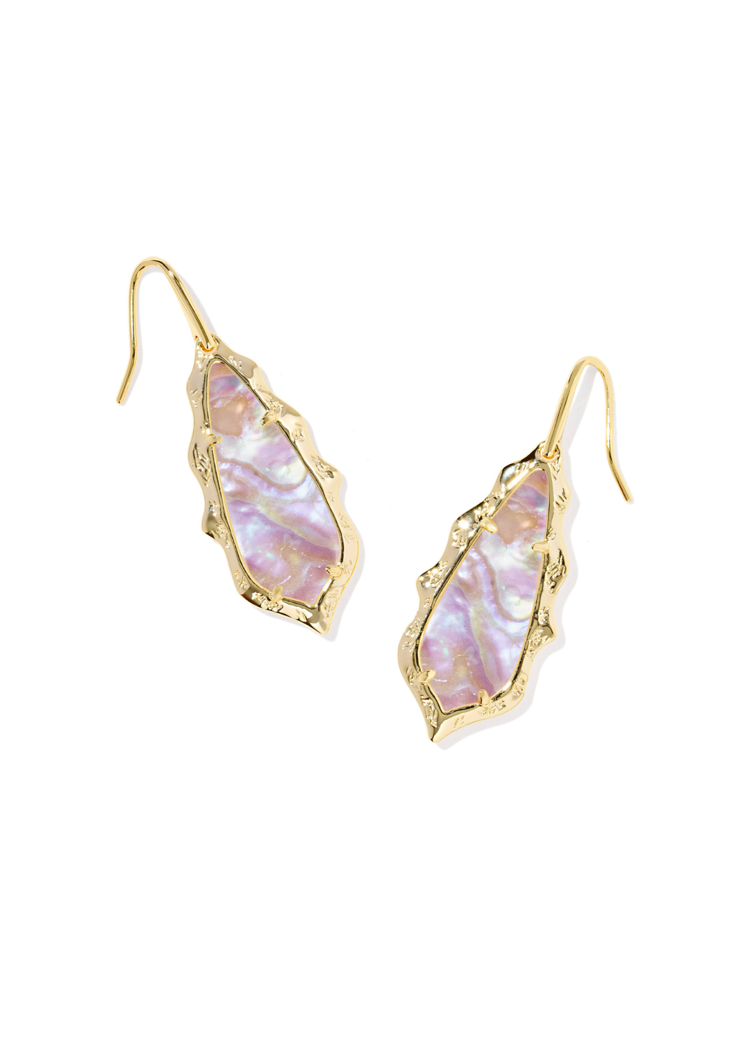 Gold scalloped framed earrings with a light pink iridescent stone