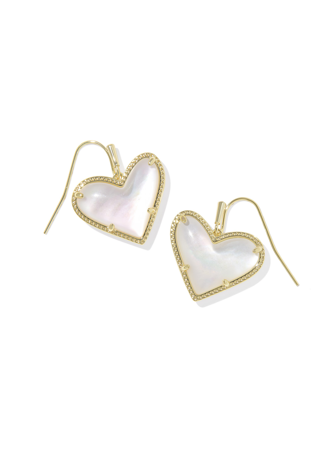 Gold framed heart shaped drop earrings with an ivory stone on a white background