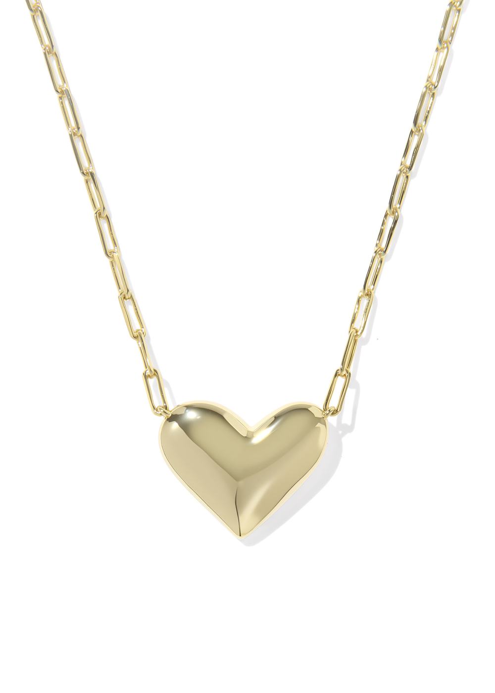 Gold necklace with a gold heart shaped pendant against a white background