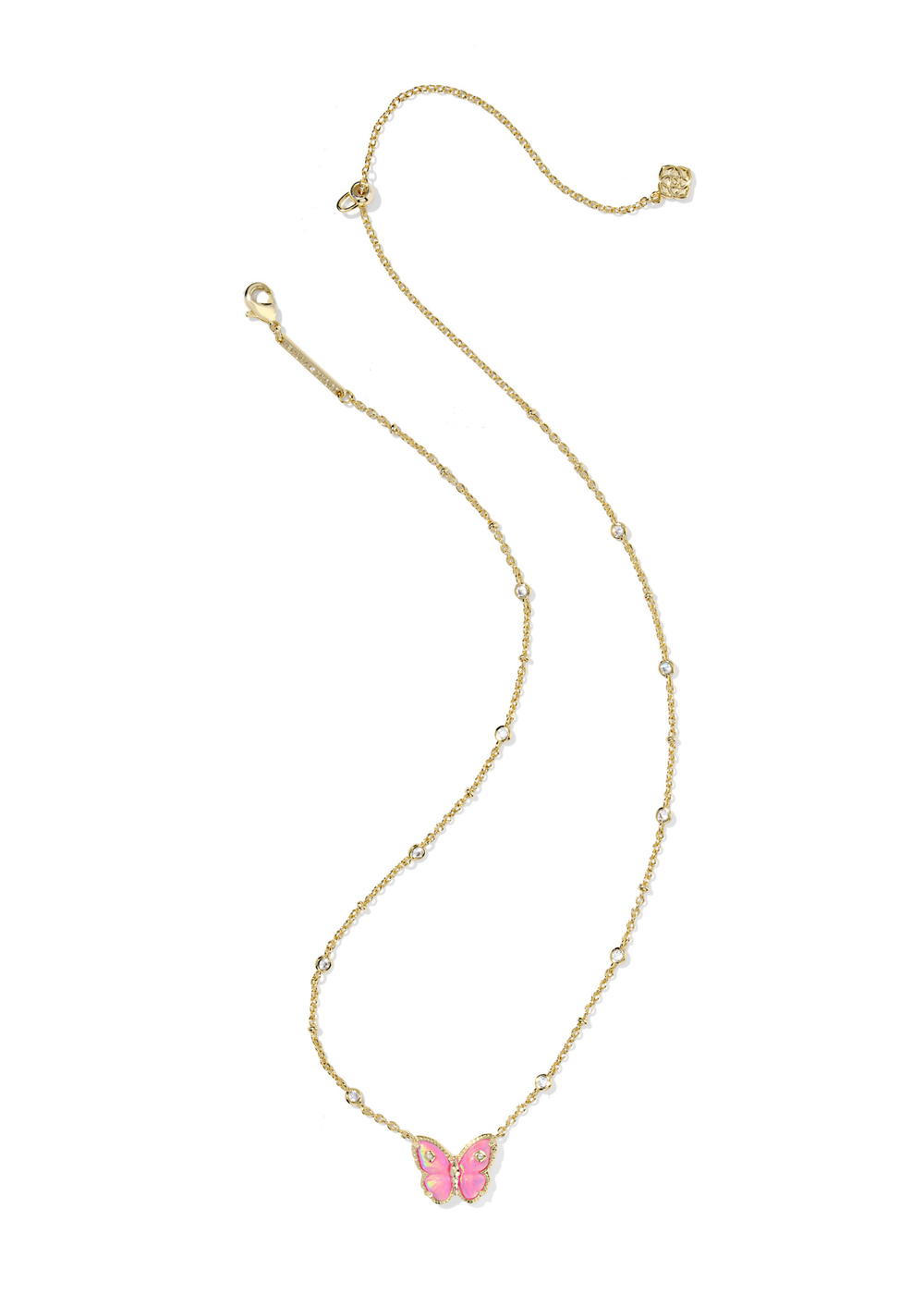 Gold necklace with a pink butterfly pendant on a white background