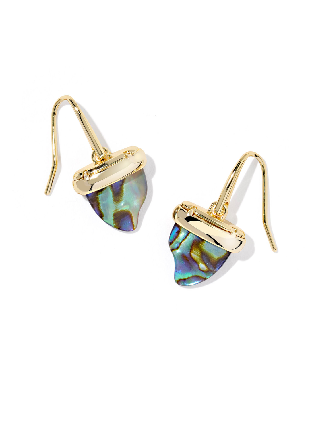 Gold drop earrings with a blue shark tooth shaped stone