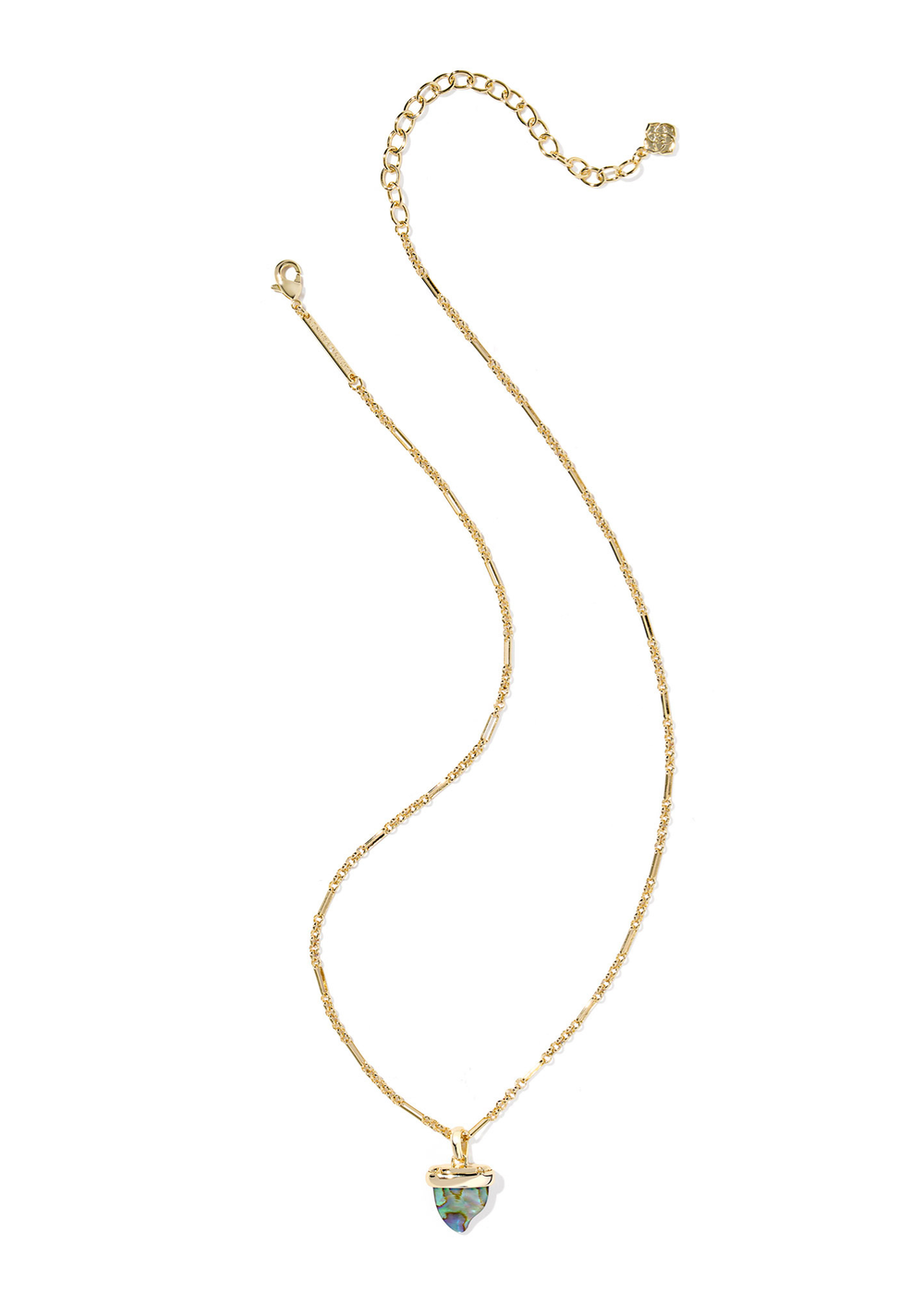 Gold necklace with an abalone shark tooth pendant on a white background