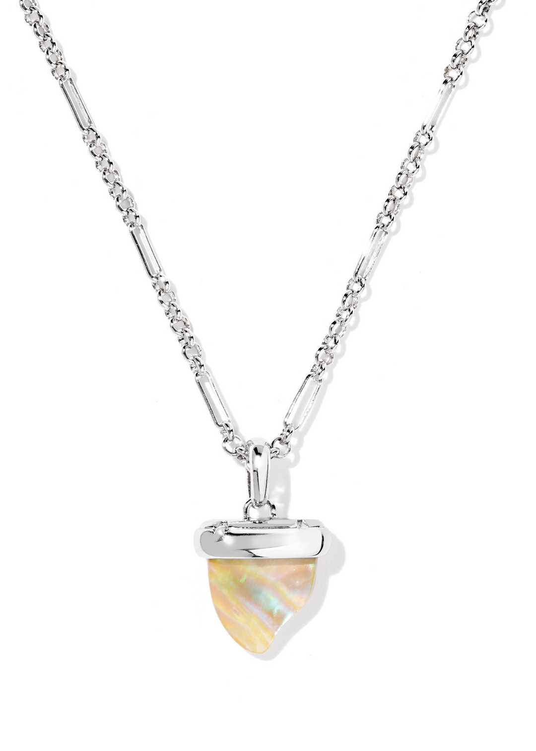 Silver necklace with a gold shark tooth pendant on a white background