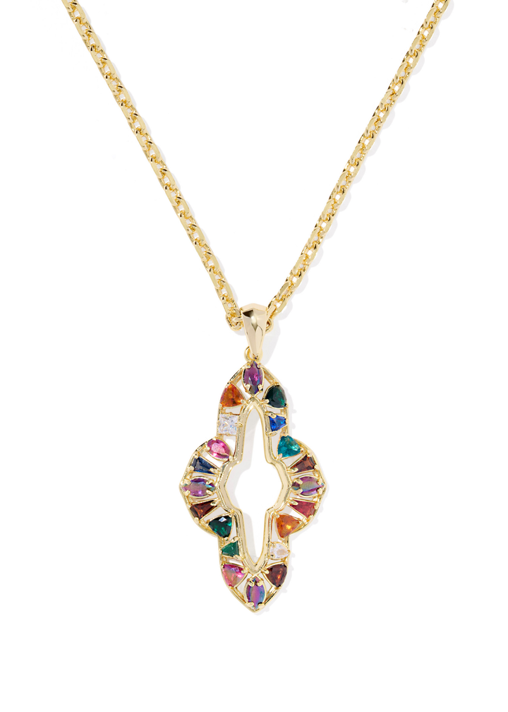 Gold necklace with a multicolor pendant on a white background