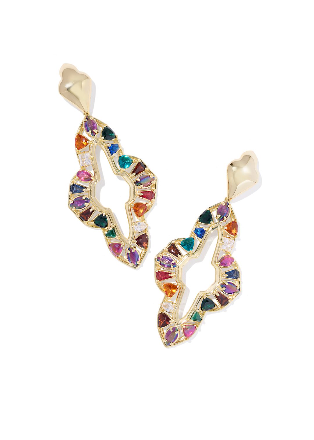 Large gold drop earrings with multicolor stones on a white background