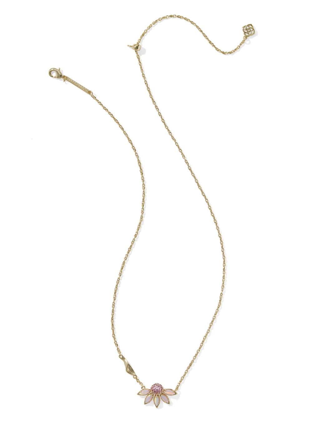 Gold necklace with a pink and white flower pendant