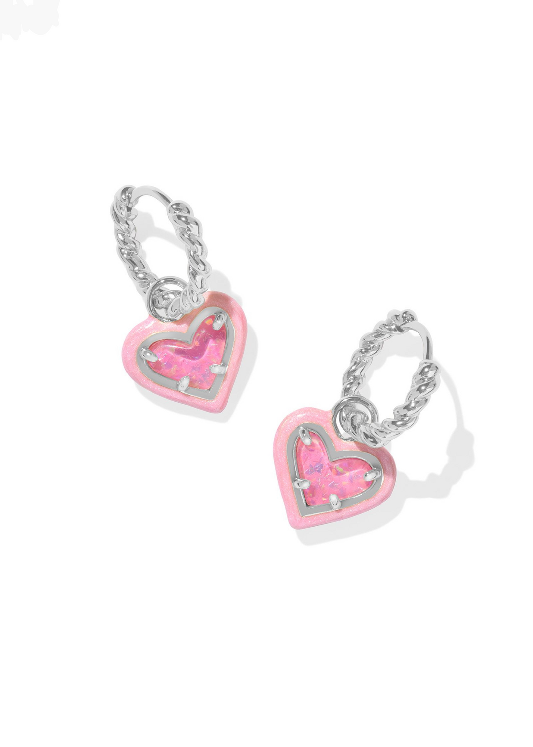 Kendra Scott Ari Heart Enamel Frame Huggie Earrings in Rhodium/Pink Iridescent Glitter Glass