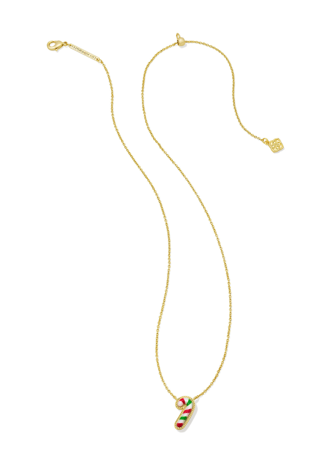 Gold necklace with a red, white, and green candy cane pendant