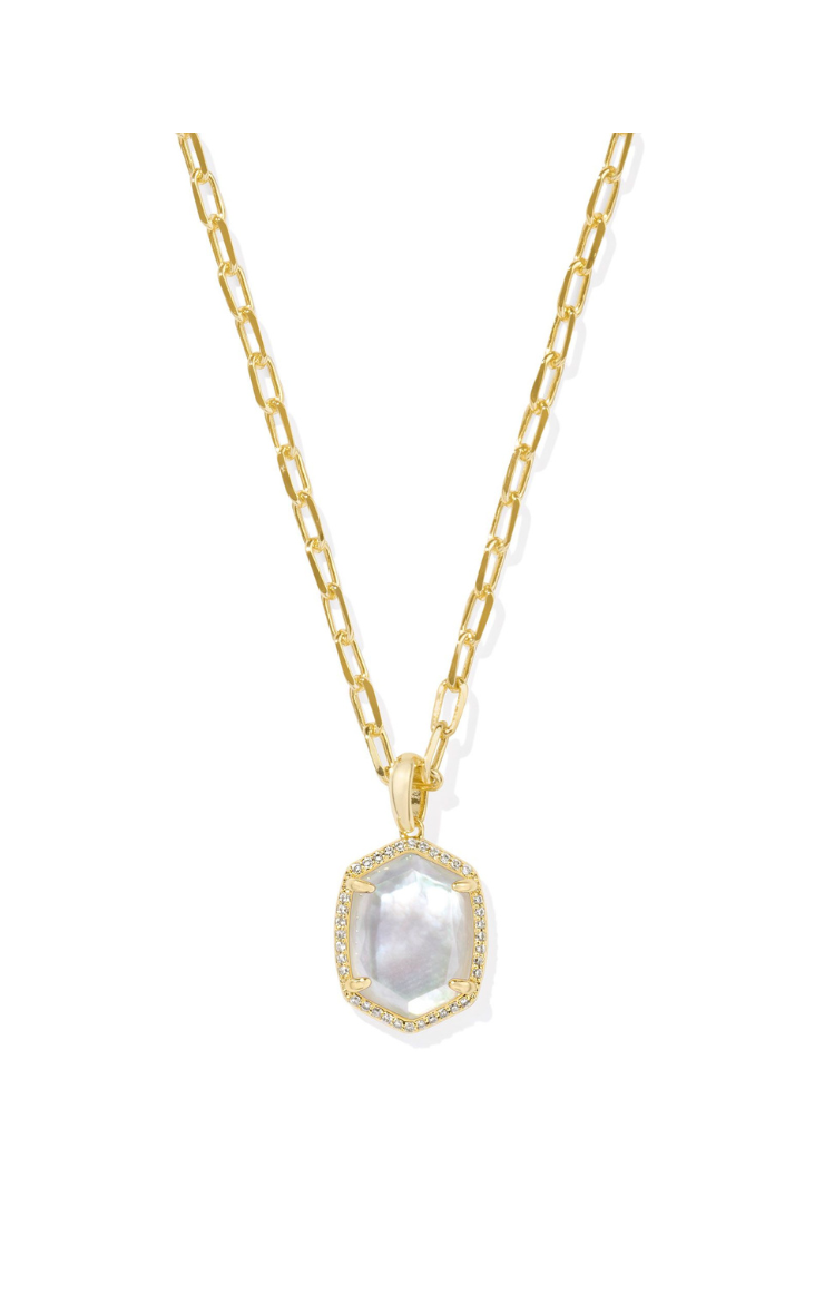 Kendra Scott Daphne Pave Frame Short Pendant Necklace in Gold/Iridescent Ivory Drusy