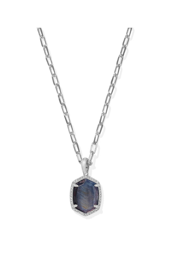 Kendra Scott Daphne Pave Frame Short Pendant Necklace in Rhodium/Navy Tiger's Eye