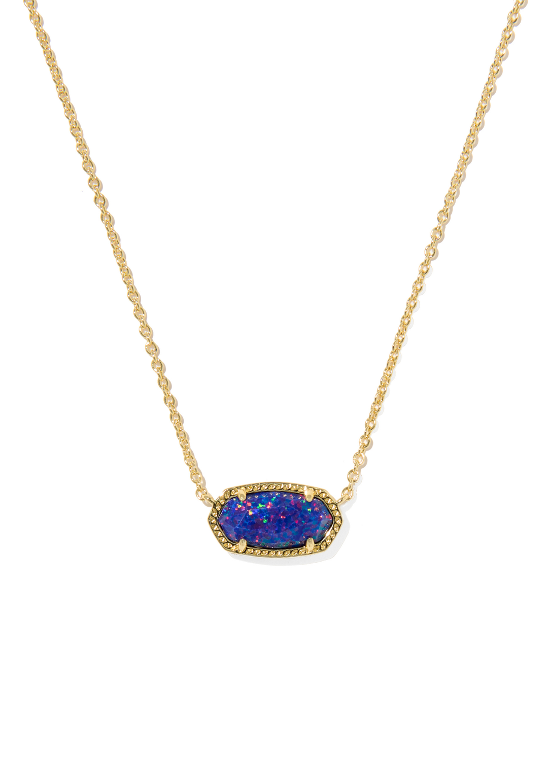 Gold necklace with a dark blue opal pendant on a white background