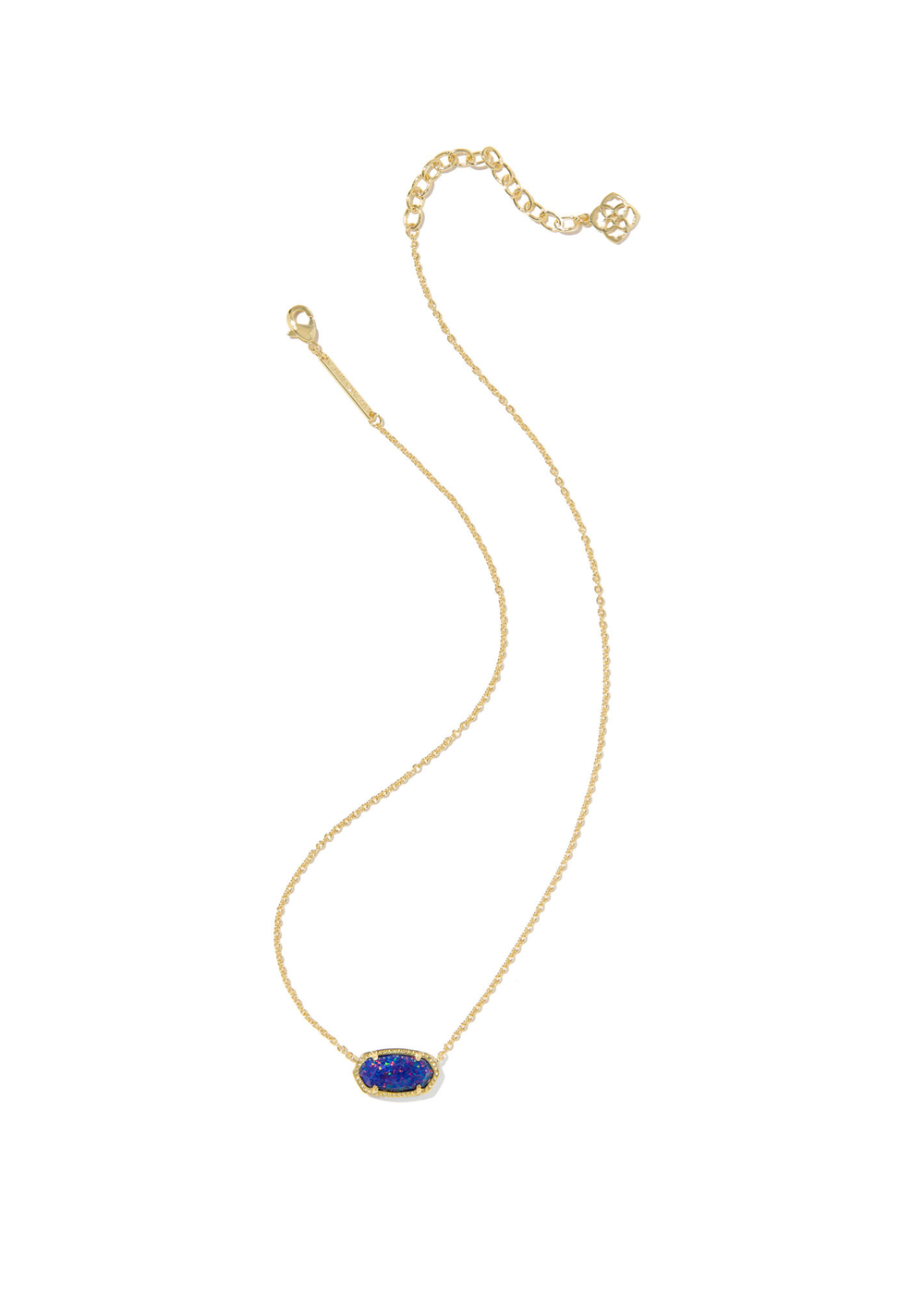 Gold necklace with a dark blue opal pendant on a white background