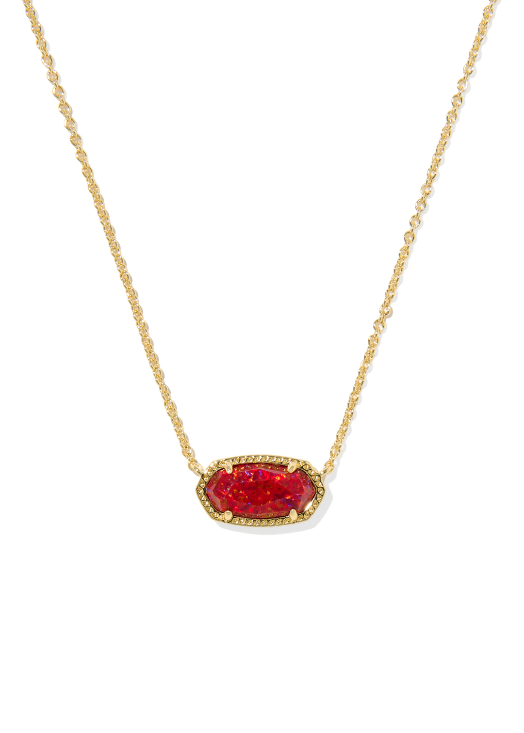 Gold necklace with a red opal pendant on a white background