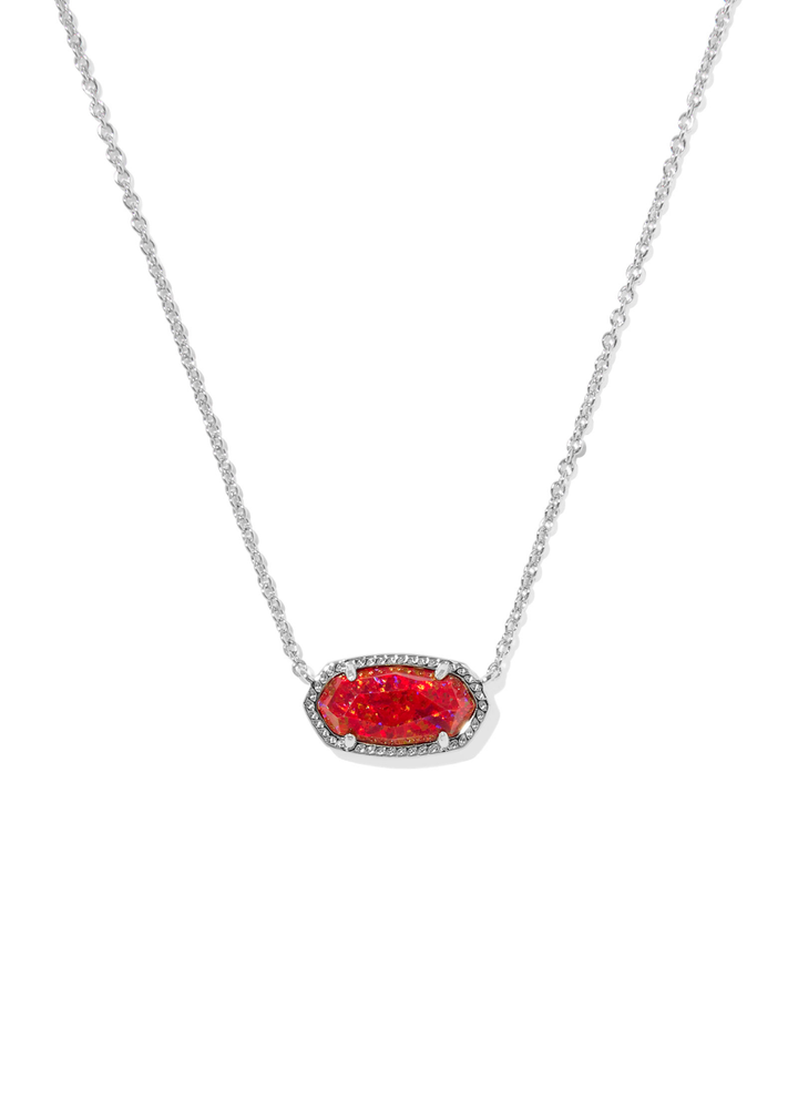 Rhodium necklace with a red opal pendant on a white background