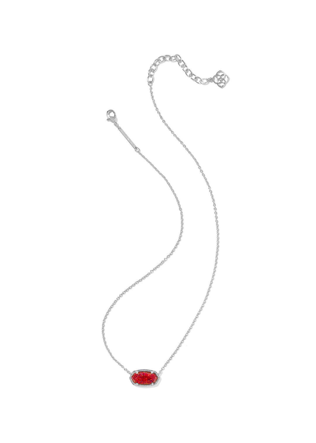 Rhodium necklace with a red opal pendant on a white background