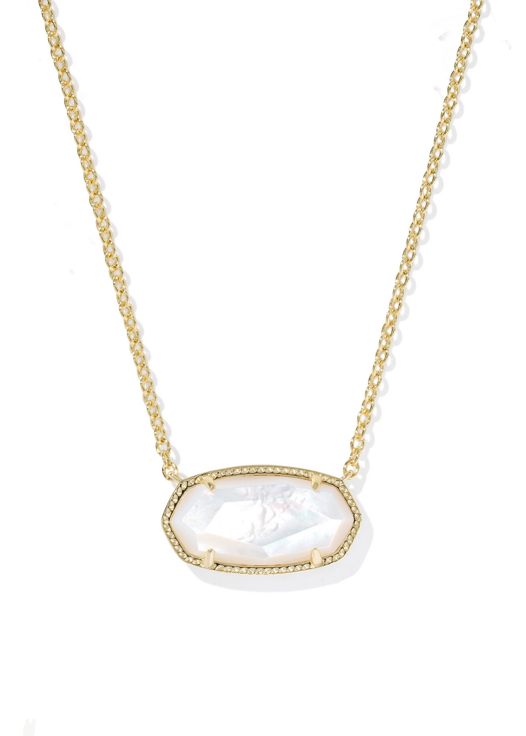 Women's gold chain necklace with an ivory mother of pearl pendant on a white background