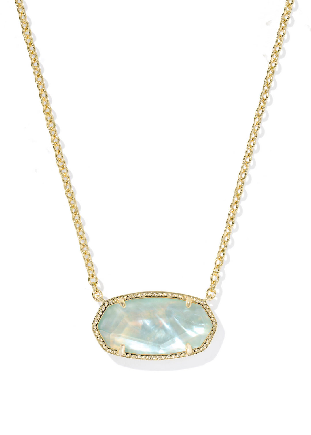 Women's gold chain pendant necklace with a light blue Kendra Scott elisa shape