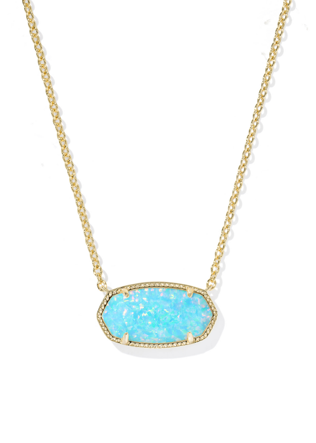 Women's gold chain necklace with a light teal kyocera opal pendant