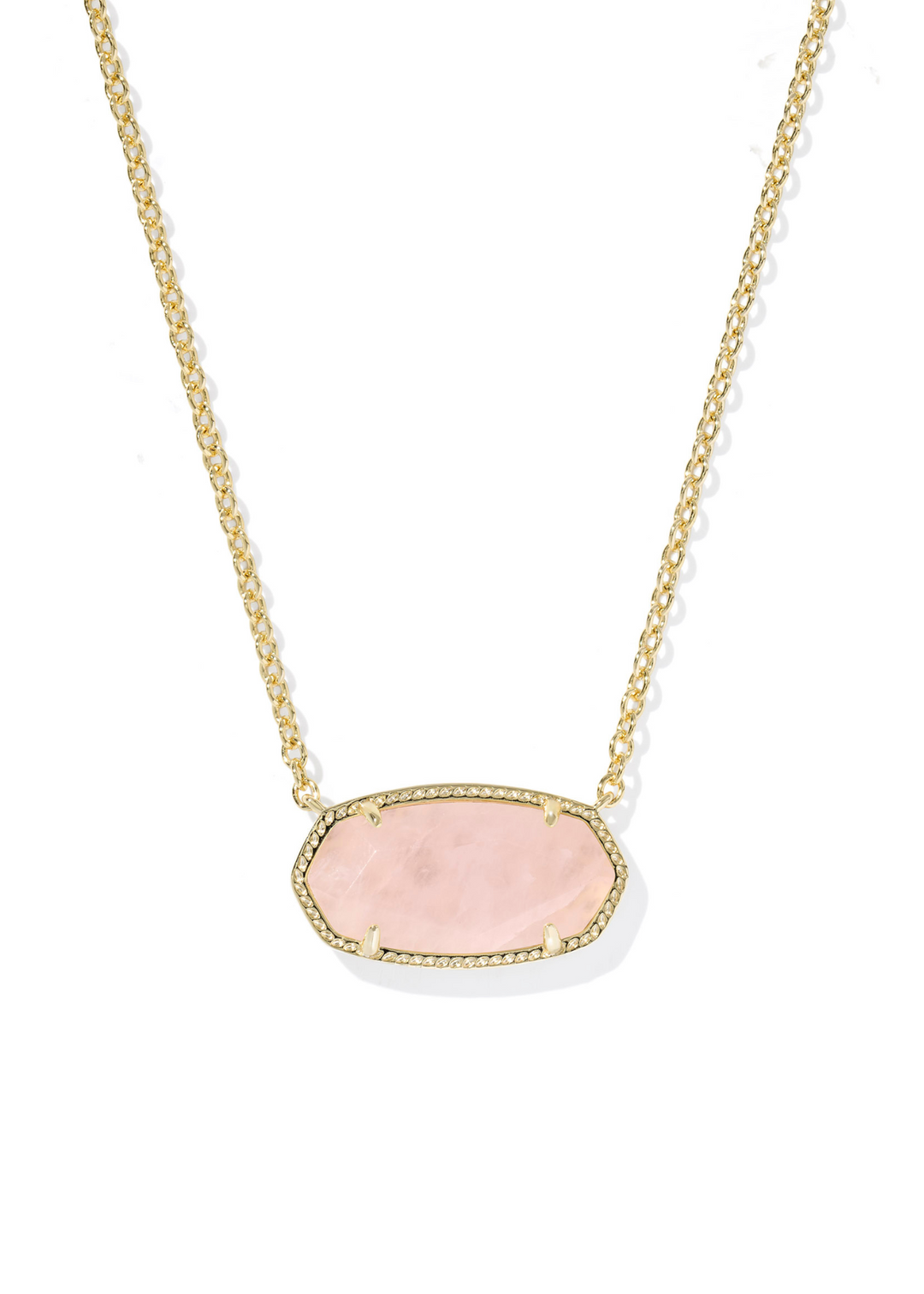 Women's gold chain necklace with a Kendra Scott elisa shaped pendant in rose quartz