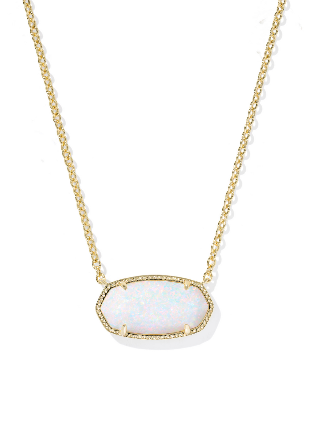 Women's gold chain necklace with a Kendra Scott elisa shaped white kyocera opal pendant