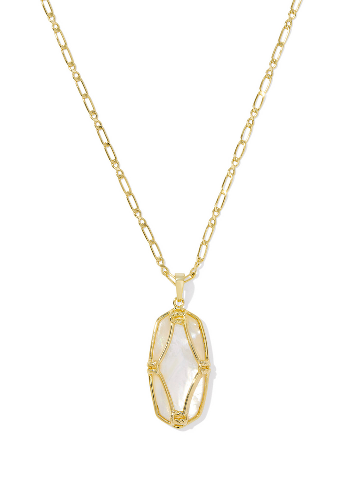 Kendra Scott Elle Lattice Frame Large Long Pendant Necklace in Gold/Ivory Mother of Pearl