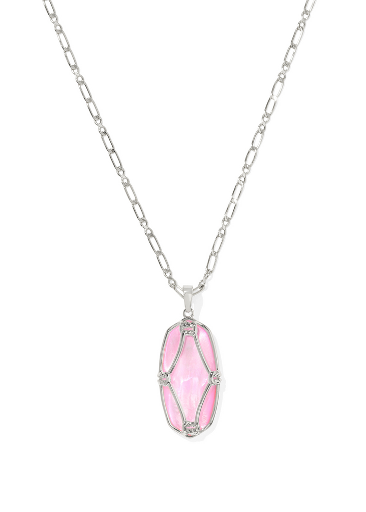 Kendra Scott Elle Lattice Frame Large Long Pendant Necklace in Rhodium/Blush Ivory Mother of Pearl