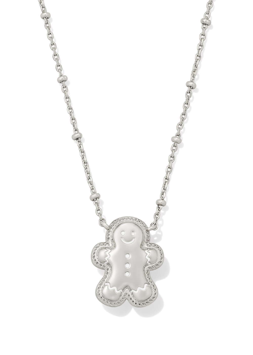 Silver necklace with a silver gingerbread pendant on a white background