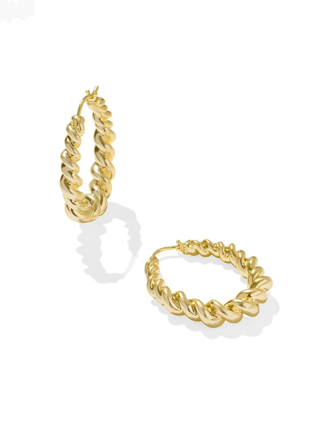 Kendra Scott Hailey Hoop Earrings in Gold, a pair of twisted hoop earring in a gold finish on a white background