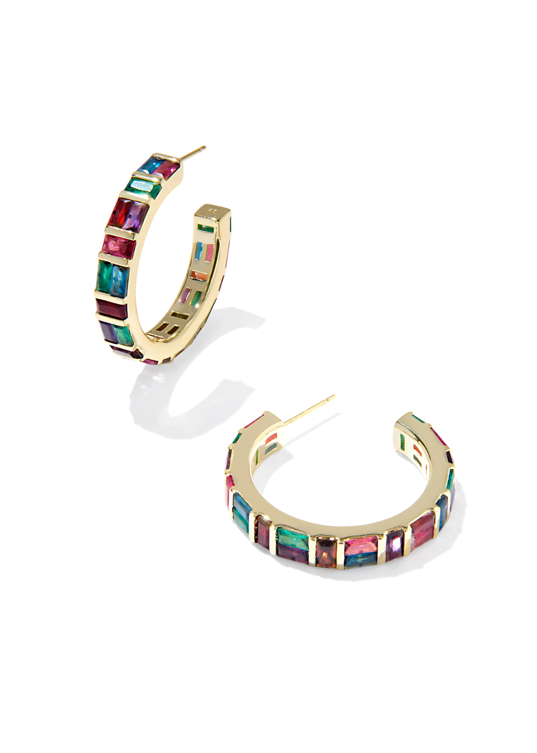 Gold hoop earrings with multicolor CZ studding on a white background