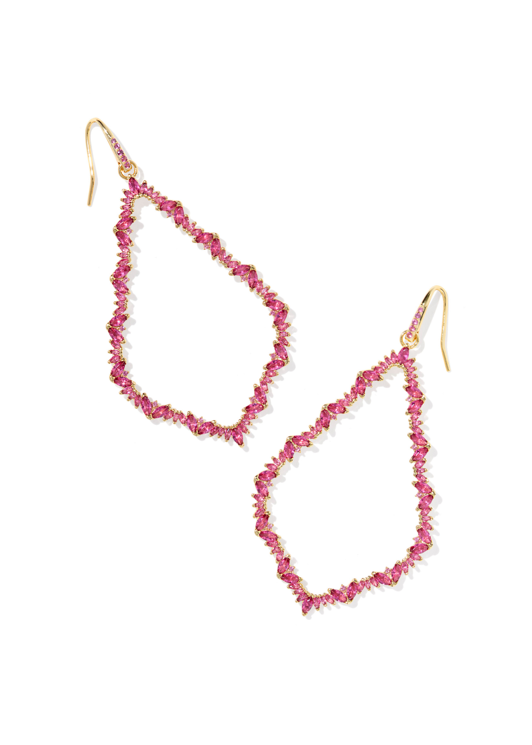 Pink crystal open frame earrings on a white background