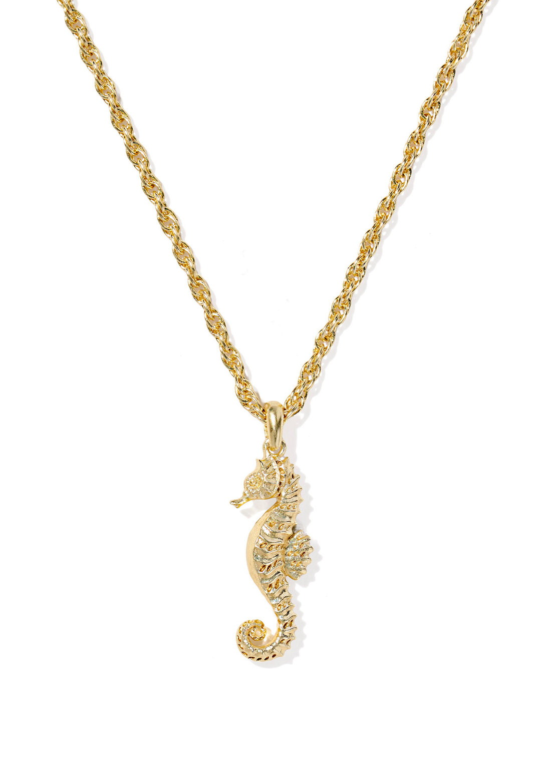 Gold seahorse pendant necklace on a white background