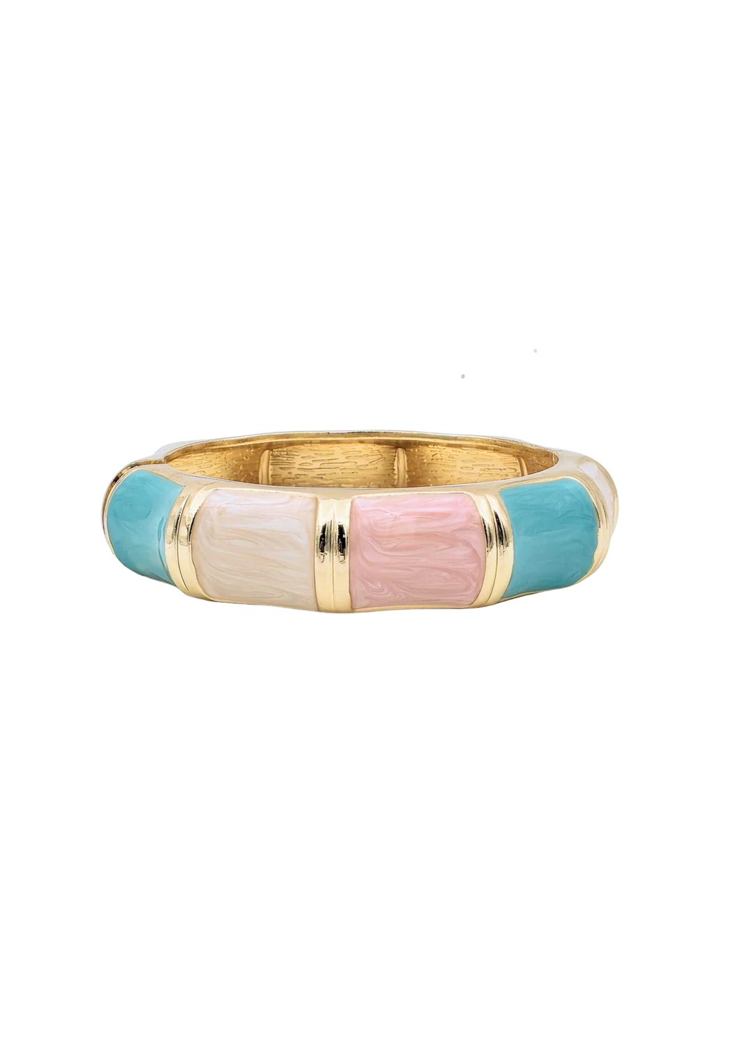 Women's gold bangle bracelet with turquoise, light pink, and beige sections