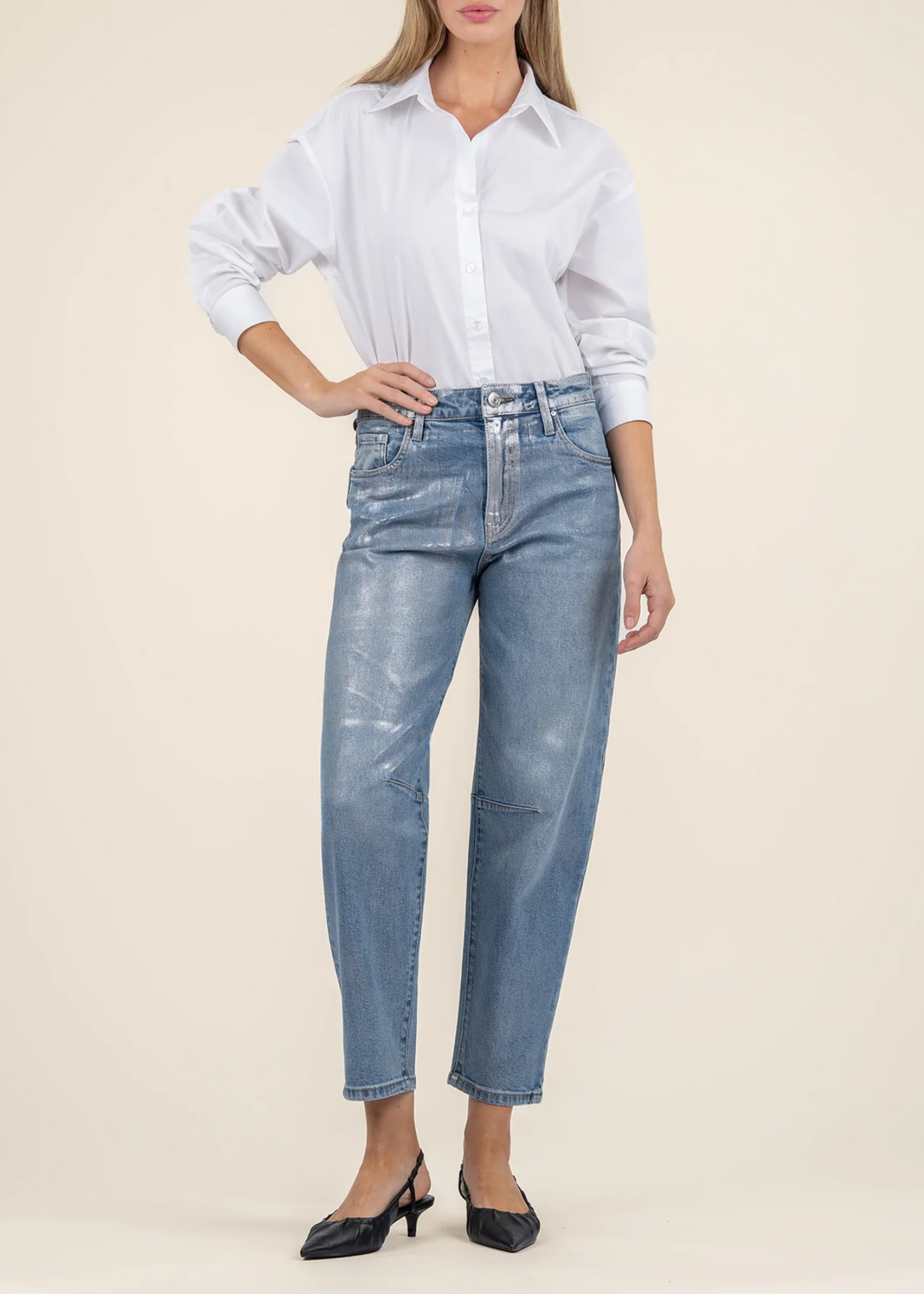 Kut From the Kloth Ashley High Rise Barrel Straight Leg Jeans in Silver Foil