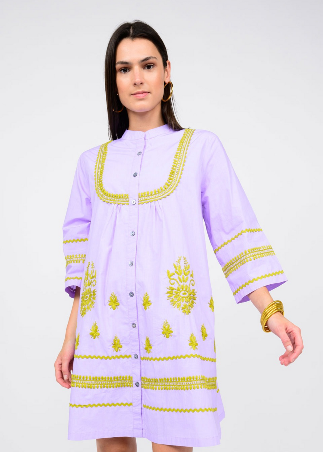 Uncle frank lilac purple long sleeve dress with button front and green embroidered details